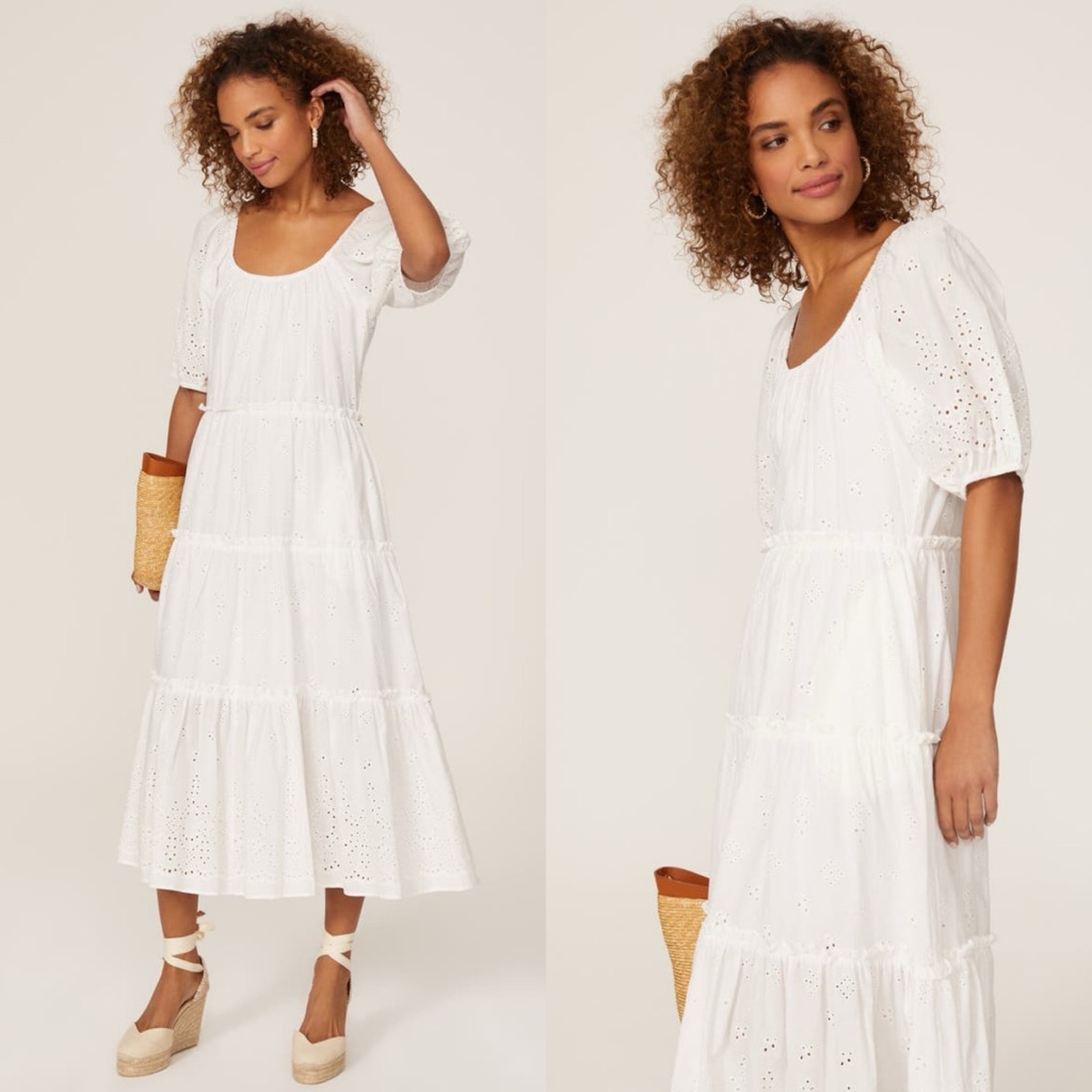 Fifteen Twenty Tiered Eyelet Maxi Dress M White Puff Sleeve Ruffle Cotton Poplin